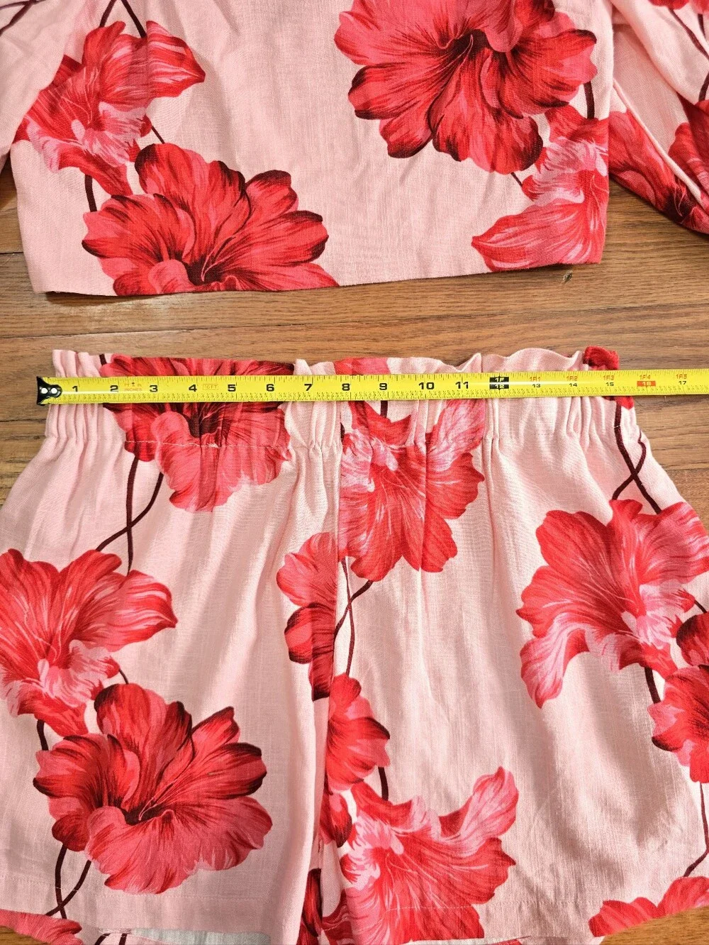 Paper Heart Alro Hisbiscus Linen Blend Two Piece Set Puff Sleeve Top Shorts Sz.L